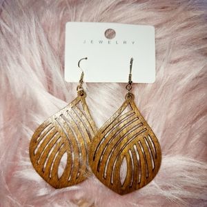 Wooden Hollow Leaf Shaped Drop Earrings. Fashion Jewelry Long Dangle Earrings